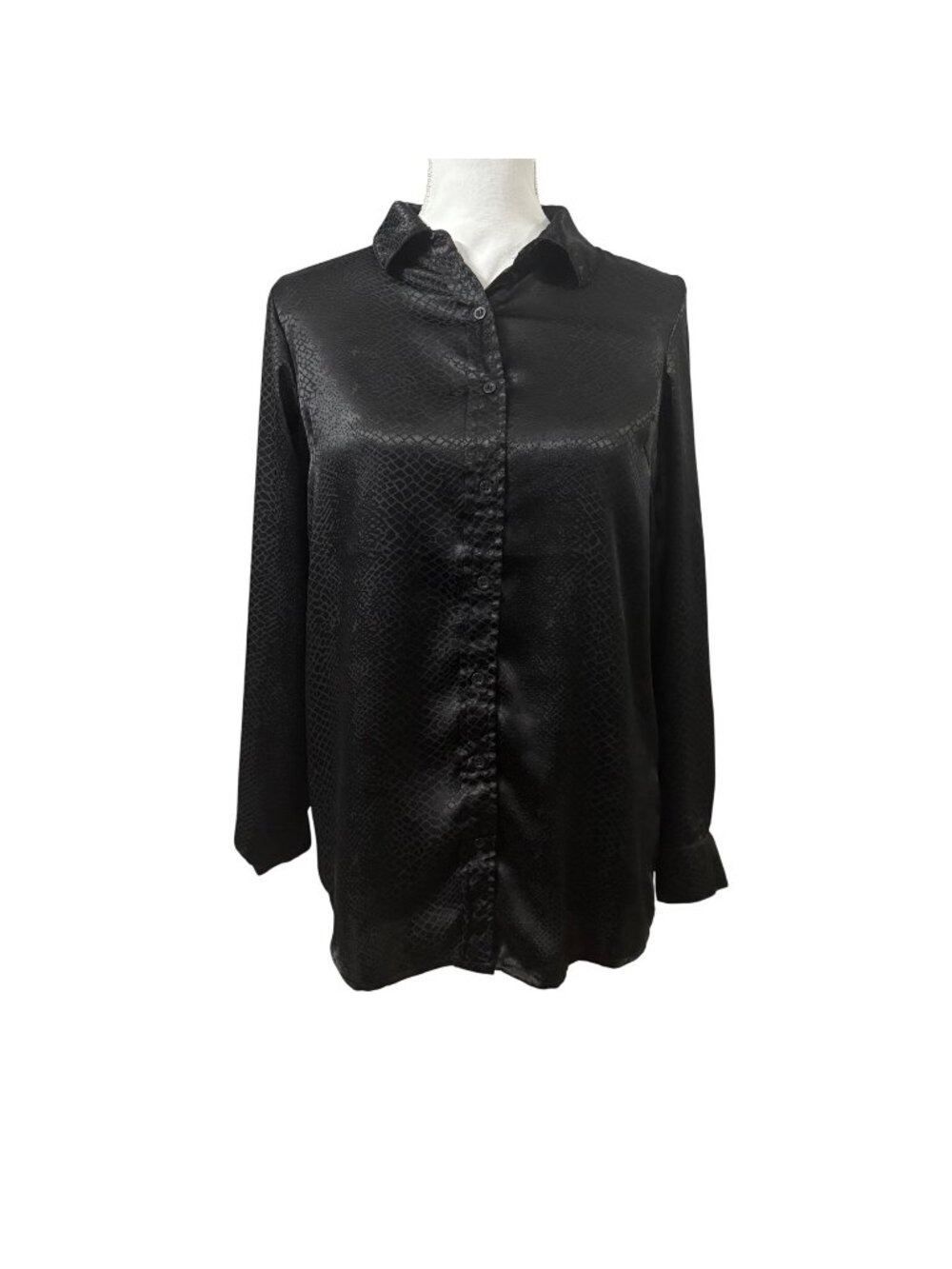 Sleek Black Snakeskin Textured Button Front Blouse Long Sleeve Chic Career Top M